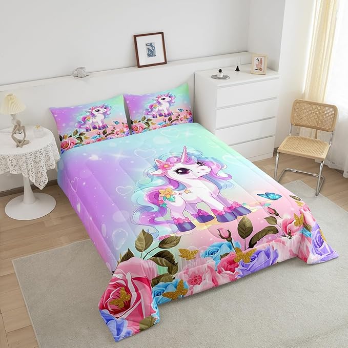 Cartoon Unicorn Kids Comforter Set Queen Size,Rose Flowers Butterfly Leaves Bedding Set,Girls Women Room Decor,Starry Sky Unicorn Cute Down Comforter,Pink Purple Romantic Duvet Insert,2 Pillowcases - LeafyLoom