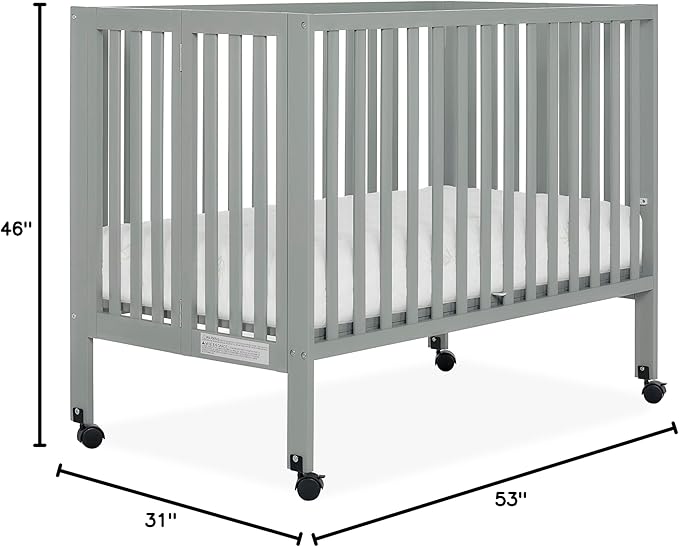 Quinn Full-Size Folding Crib in Cool Grey, Removeable Wheels, Modern Nursey, Adjustable Mattress Support, Portable Crib, Patented Folding System - LeafyLoom