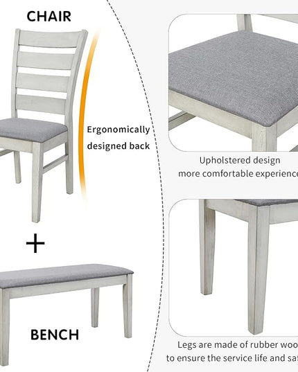 Merax (White Table Set with Unique Legs and 4 Upholstered Chairs & 1 Bench, 6-Piece L Rectangular - LeafyLoom