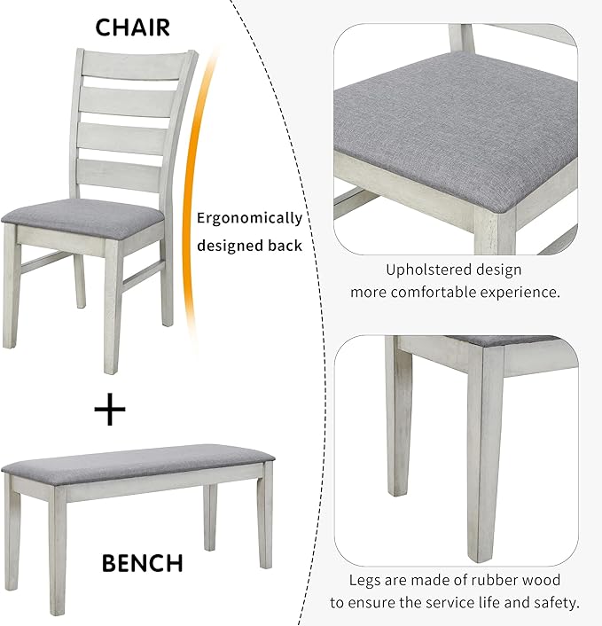 Merax (White Table Set with Unique Legs and 4 Upholstered Chairs & 1 Bench, 6-Piece L Rectangular - LeafyLoom