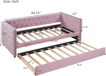 Twin Size Tufted Upholstered Daybed with Trundle, Solid Wood Velvet Bed with Rivet Design, No Box-spring Needed, for Living Room, Bedroom, Dorm, Space-Saving Design - LeafyLoom