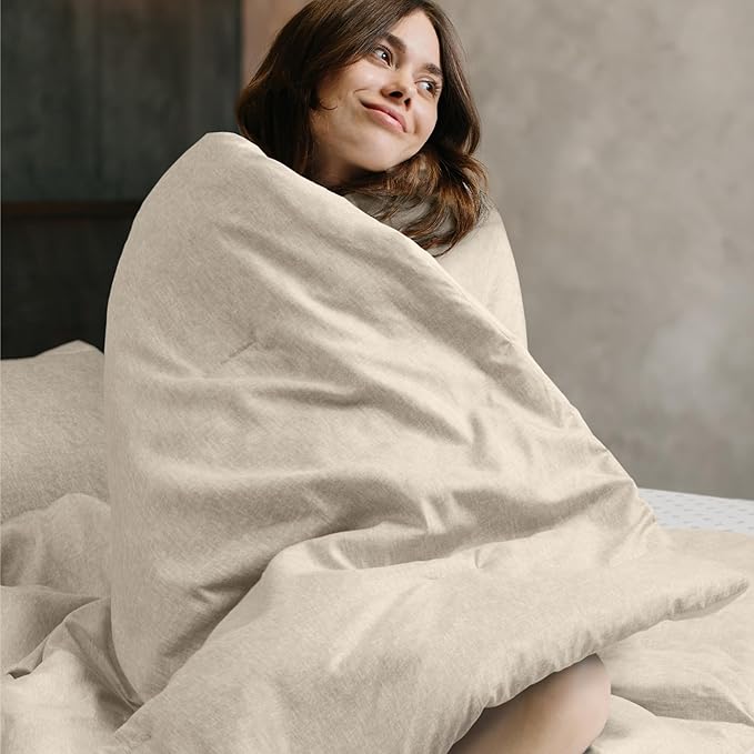 Beige Comforter Set King Size - Taupe Soft Luxury Chambray Printed, All Season Lightweight Breathable Bedding Set, 3 Pieces Including 1 Comforter and 2 Pillow Shams - LeafyLoom