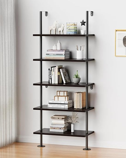 Ladder Shelf Bookcase 5 Tier, Extra Sturdy Modern Bookshelf Wall Mounted, Tall Black Open Book Shelf, Standing Industrial Metal Frame with Wooden Shelves - LeafyLoom