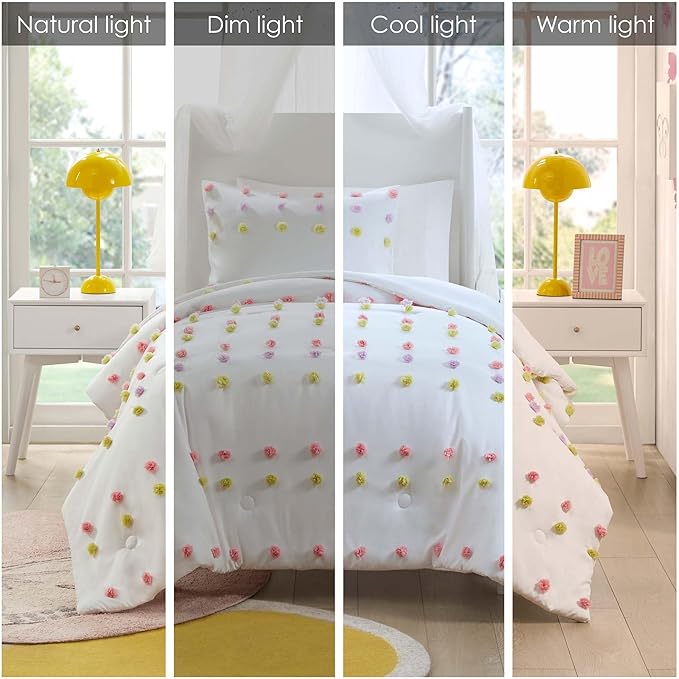 Mi Zone Kids Queen Comforter Set, Fun and Adorable Multi-Color Clipped Jacquard Pompom Bedding, Microfiber Lightweight All Seasons Down Alternative Bedding, Sham, Cora, Full/Queen Pink Multi 3 Piece - LeafyLoom