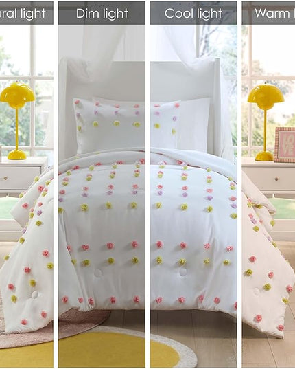 Mi Zone Kids Twin Comforter Set, Fun and Adorable Multi-Color Clipped Jacquard Pompom Bedding, Microfiber Lightweight All Seasons Down Alternative Bedding, Sham, Cora, Twin Pink Multi 2 Piece - LeafyLoom