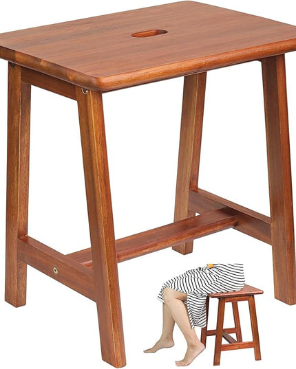 Rectangular Acacia Wood Stool (16.7"D x 13"W x 17.7"H) Small Bench Seat, Small End Table Stool, Bathroom Stool Wood, Plant Stool, Makeup Stool, Perfect Size for Living Room,Bathroom(Light Brown Color) - LeafyLoom