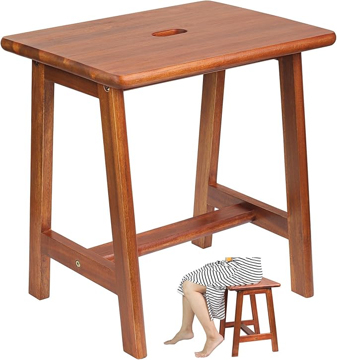 Rectangular Acacia Wood Stool (16.7"D x 13"W x 17.7"H) Small Bench Seat, Small End Table Stool, Bathroom Stool Wood, Plant Stool, Makeup Stool, Perfect Size for Living Room,Bathroom(Light Brown Color) - LeafyLoom