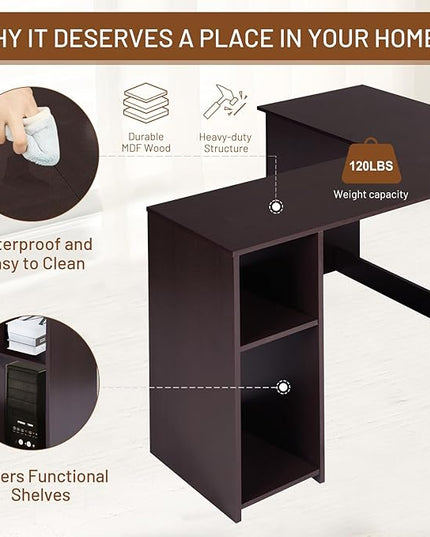 FurnitureR 47.2-Inch L-Shaped Computer Desk Home Office Study Writing Corner Gaming Table Retro Design Work Station Space-Saving for Study Room Bedroom, Brown - LeafyLoom
