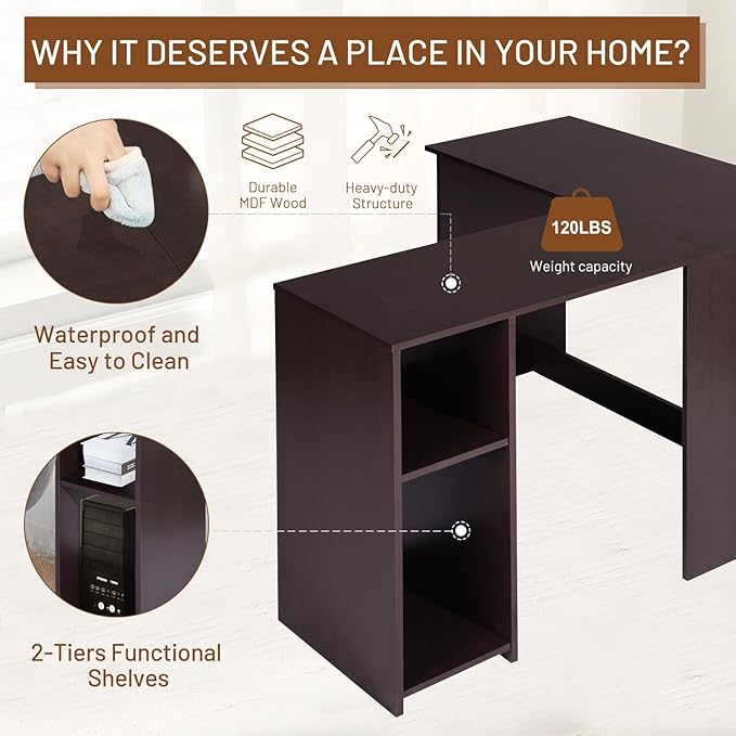 FurnitureR 47.2-Inch L-Shaped Computer Desk Home Office Study Writing Corner Gaming Table Retro Design Work Station Space-Saving for Study Room Bedroom, Brown - LeafyLoom