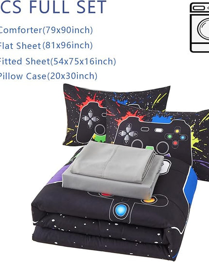 KAKKI 5 Piece Boys Full Gamer Comforter Set with Sheets, 3D Colorful Video Game Controller Comforter for Kids Teen, All Season Soft Microfiber Gaming Bedding Set(Black,Full) - LeafyLoom