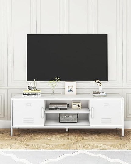 TV Stand for 55 60 inch TV, Metal TV Cabinet Modern Mid Century Entertainment Center with Storage, TV Industrial Media Console Table 2 Cabinet for Living Room, Bedroom, Office (White) - LeafyLoom