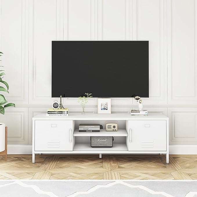 TV Stand for 55 60 inch TV, Metal TV Cabinet Modern Mid Century Entertainment Center with Storage, TV Industrial Media Console Table 2 Cabinet for Living Room, Bedroom, Office (White) - LeafyLoom
