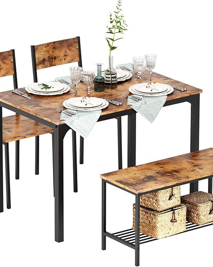 SogesHome 4 Piece Kitchen Dining Room Table Sets for 4, Modern Wooden Table with 2 Chairs and a Long Bench, Space-Saving Table Set for Restaurant, Coffee Shop, Vintage Brown - LeafyLoom