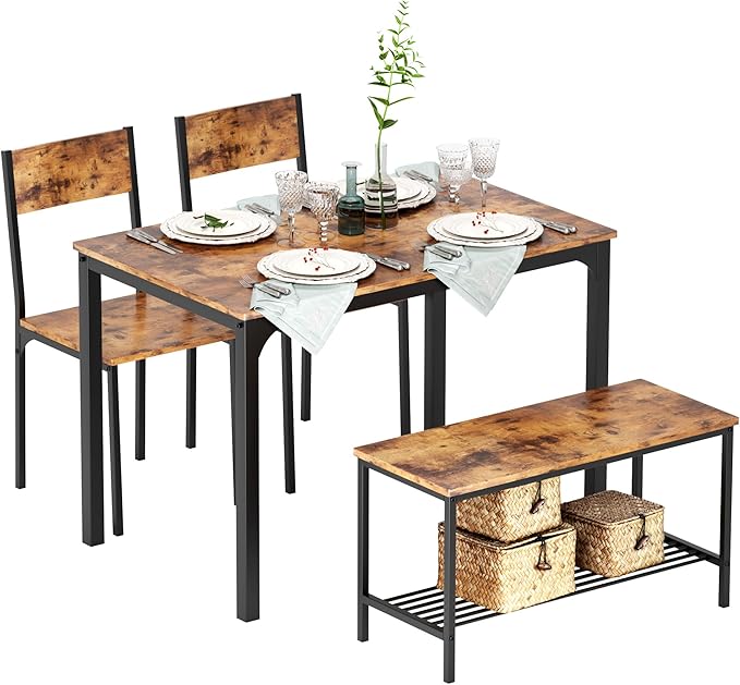 SogesHome 4 Piece Kitchen Dining Room Table Sets for 4, Modern Wooden Table with 2 Chairs and a Long Bench, Space-Saving Table Set for Restaurant, Coffee Shop, Vintage Brown - LeafyLoom