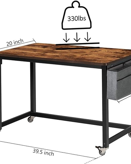 AHB 39" Rolling Computer Desk with 4 Smooth Wheels, Simple Style Mobile Writing Desk Home Office Study Table Movable Workstation with Metal Frame - LeafyLoom