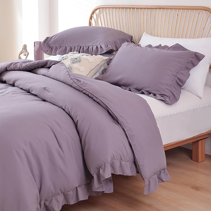 JANZAA Comforter Set Full Size Grayish Purple Ruffle Comforter 3PCS Soft Fluffy Comforter Vintage Farmhouse Bed Comforter Set Shabby Chic Bedding with 2 Pillowcases - LeafyLoom
