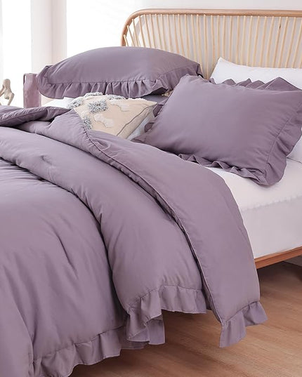 JANZAA King Size Comforter Set Grayish Purple Ruffle Comforter 3PCS Soft Fluffy Boho Comforter Vintage Farmhouse Bed Comforter Set Shabby Chic Bedding with 2 Pillowcases for All Season - LeafyLoom