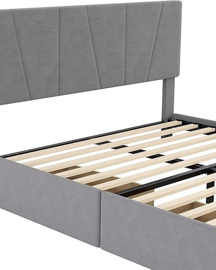 Full Size Upholstery Platform Bed with 4 Storage Drawers on Two Sides, Adjustable Velvet Headboard and Footboard, No Box Spring Needed, Gray - LeafyLoom