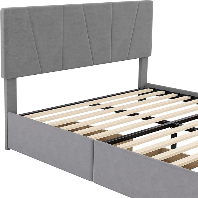 Full Size Upholstery Platform Bed with 4 Storage Drawers on Two Sides, Adjustable Velvet Headboard and Footboard, No Box Spring Needed, Gray - LeafyLoom
