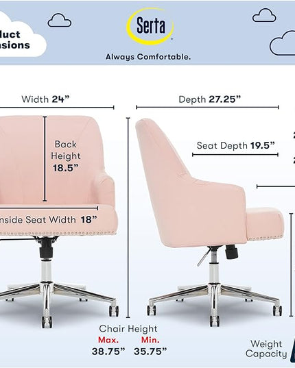 Serta Leighton Modern Office Chair, Stylish Mid-Back Desk Chair, Rivet Detail, Serta Quality Memory Foam, Armchair with Wheels, Vanity Chair, Swivel Chrome Metal Base, Twill Fabric, Blush Pink - LeafyLoom