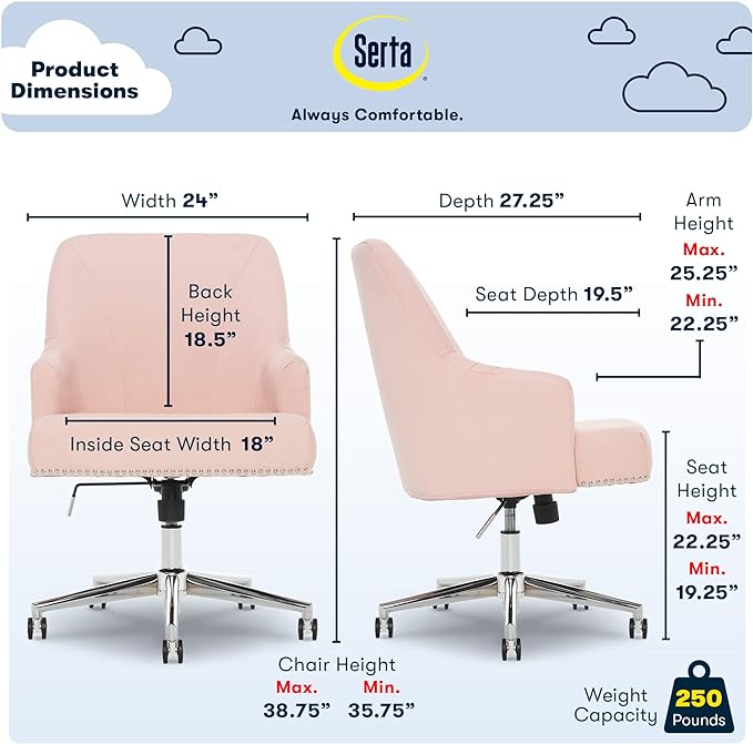 Serta Leighton Modern Office Chair, Stylish Mid-Back Desk Chair, Rivet Detail, Serta Quality Memory Foam, Armchair with Wheels, Vanity Chair, Swivel Chrome Metal Base, Twill Fabric, Blush Pink - LeafyLoom