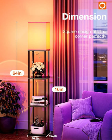 addlon Floor Lamp with Shelves with LED Smart RGB Bulb, 4-Tier Modern Shelf Display for Living Room, Bedroom and Office - Black - LeafyLoom