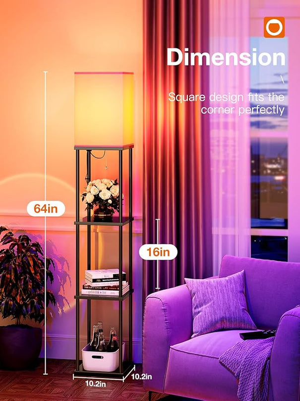 addlon Floor Lamp with Shelves with LED Smart RGB Bulb, 4-Tier Modern Shelf Display for Living Room, Bedroom and Office - Black - LeafyLoom