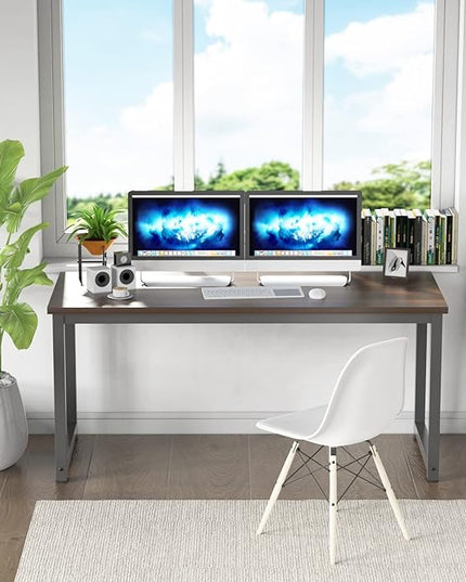 NSdirect Large Office Desk for Home Office, Large 63” Computer Desk Table, Wide Writing Study Desk for 2 Person, Metal Sturdy Frame Thicker Steel Legs, Black Chocolate - LeafyLoom