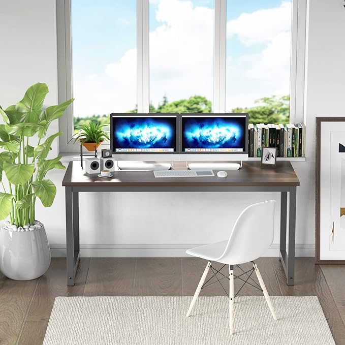 NSdirect Large Office Desk for Home Office, Large 63” Computer Desk Table, Wide Writing Study Desk for 2 Person, Metal Sturdy Frame Thicker Steel Legs, Black Chocolate - LeafyLoom