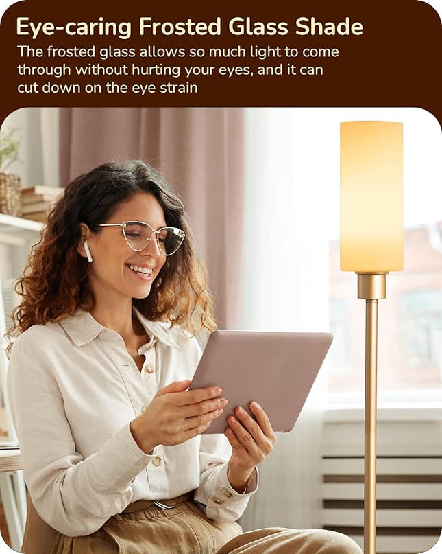 EDISHINE LED Corner Floor Lamp with Glass Lampshade, Modern Dimmable Lamp with Remote, 5 CCT, 65" Tall Standing Light for Living Room, Bedroom, Office, Bulb Included (Gold) - LeafyLoom