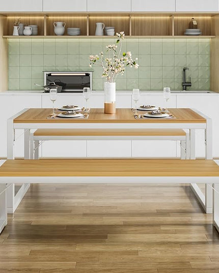 SHA CERLIN 3-Piece Dining Table Set with 2 Benches, Rustic Kitchen Table Set for 4-6, Space-Saving Dinette, Sturdy Structure, Easy Assemble, Maple/White - LeafyLoom