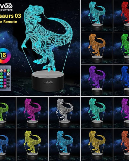 Dinosaur 3D Night Light for Kids 16 Colors Changing 3D Optical Illusion Lamp with Smart Touch & Remote Control, Best Gift for Girls Boys Kids (T-rex) - LeafyLoom