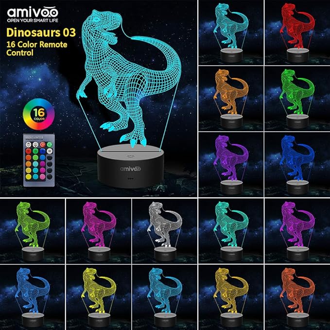 Dinosaur 3D Night Light for Kids 16 Colors Changing 3D Optical Illusion Lamp with Smart Touch & Remote Control, Best Gift for Girls Boys Kids (T-rex) - LeafyLoom