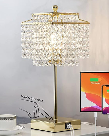 Luvkczc USB Bedside Crystal Table Lamp Gold, Touch Control Lamp, 3-Way Dimmable with Shade for Bedroom, Living Room, 6W LED Bulb Included - LeafyLoom