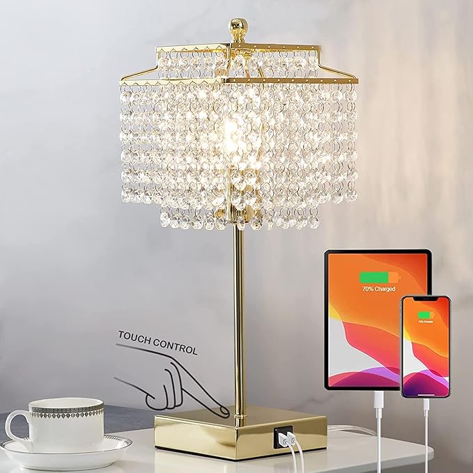 Luvkczc USB Bedside Crystal Table Lamp Gold, Touch Control Lamp, 3-Way Dimmable with Shade for Bedroom, Living Room, 6W LED Bulb Included - LeafyLoom