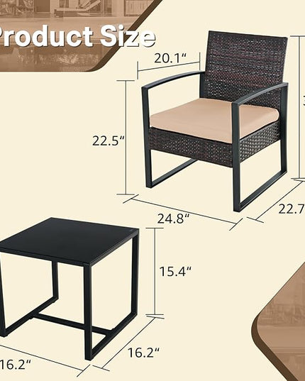 3 Pieces Patio Furniture Set, Outdoor Patio Set, Patio Bistro Set, All-Weather Wicker Conversation Set with Cushions Table for Porch Backyard (Brown-Brown) - LeafyLoom