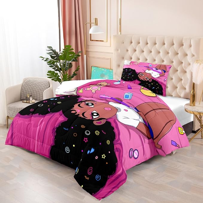 Black Girl Magic Comforter Twin Set - African American Girls Twin Comforter Sets Black Girls Twin Bedding Sets for Bedroom Decor Pink Kids Twin Comforter, 1 Comforter+1 Pillowcase - LeafyLoom