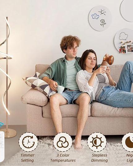 LED Floor Lamp for Living Room, 60inch Gold Floor Lamp with Remote Control, 48W Dimmable Led Floor Lamp with 3 Color Temperatures, Indoor Modern Spiral Floor Lamp for Living Room, Bedroom, Office - LeafyLoom