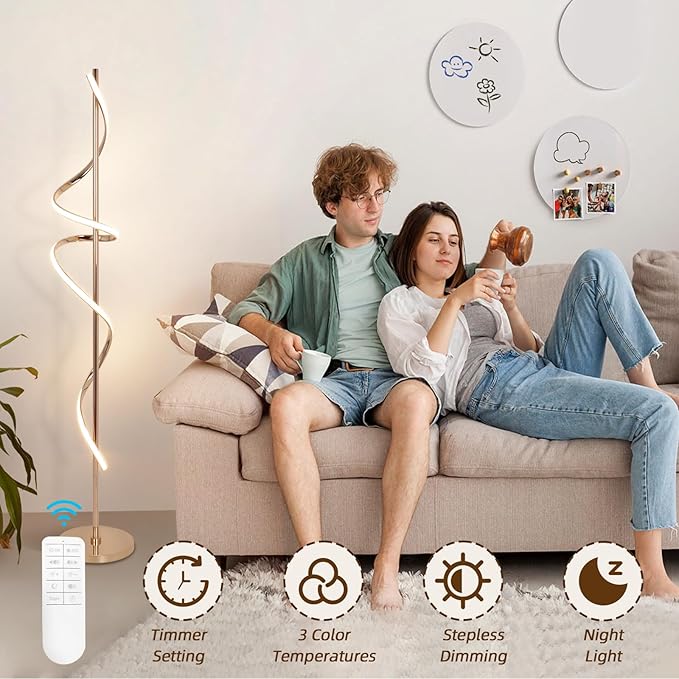 LED Floor Lamp for Living Room, 60inch Gold Floor Lamp with Remote Control, 48W Dimmable Led Floor Lamp with 3 Color Temperatures, Indoor Modern Spiral Floor Lamp for Living Room, Bedroom, Office - LeafyLoom