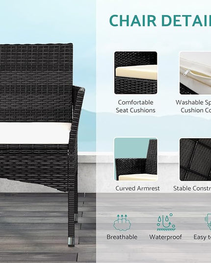 Patio Furniture, 4 Piece Conversation Set, Outdoor Wicker Rattan Table and Chairs, Sectional Sofa with Thick Cushion for Garden, Yard, or Porch, Dark Black - LeafyLoom