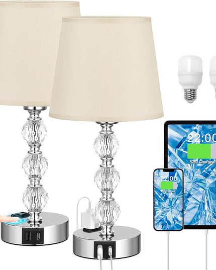 Acaxin Bedside Lamps for Bedrooms Set of 2 Nightstand- Crystal Table Lamps with USB C+A Ports & AC Outlet for Charging, 3 Way Dimmable Touch Silver Small Bed Side Lamp for Living Room/Guest Room - LeafyLoom