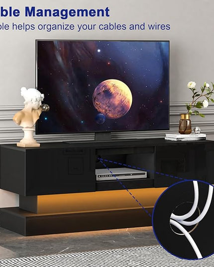 Black TV Stand Modern - TV Stands with Led Lights and Storage Drawers for TVs up to 55 Inch - Gaming TV Entertainment Stand for Living Room, Bedroom - LeafyLoom
