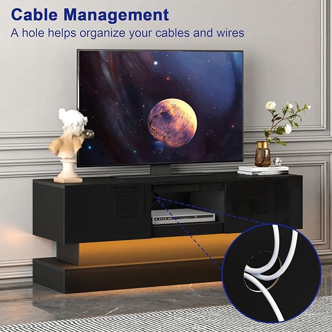 Black TV Stand Modern - TV Stands with Led Lights and Storage Drawers for TVs up to 55 Inch - Gaming TV Entertainment Stand for Living Room, Bedroom - LeafyLoom