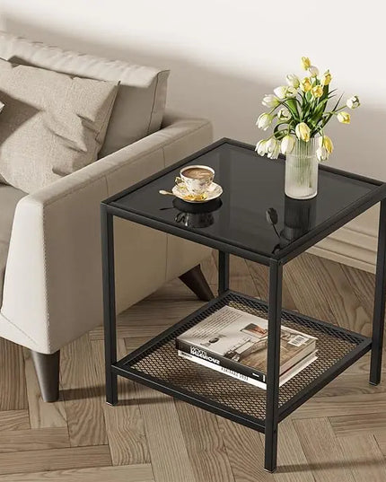 SAYGOER Black Side Table Small Glass End Table 2-Tier Narrow Square Bed Side Table Sofa Small Leisure Table with Black Metal Frane for Living Room Bedroom Balcony Patio, Black Glass - LeafyLoom