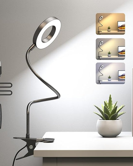 KEXIN Clip on Table Lamp 3 Color Modes 10 Brightness Eye-Caring Clamp Light Dimmable Reading Lamp 360° Rotatable Metal Gooseneck Desk Lamp Clamp Lamp Portable Small Desk Lamp for Home Office Work Lamp - LeafyLoom