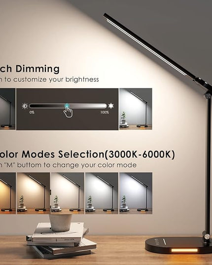 Double Head LED Desk Lamp with USB Charging - 5 Color Modes, Memory Function - Ideal for Home Office Desk Lamp, Multi-Angle Adjustable and Foldable Design Table Lamp- Black - LeafyLoom