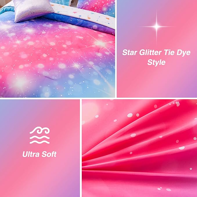 A Nice Night 6Pcs Gradient Glitter Bedding Set for Girls, Colorful Rainbow Galaxy Comforter Set, Ultra Soft Bedding Sets (Pink-Blue,Twin 6Pcs) - LeafyLoom
