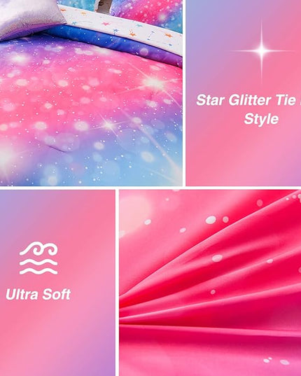A Nice Night 6Pcs Gradient Glitter Bedding Set for Girls, Colorful Rainbow Galaxy Comforter Set, Ultra Soft Bedding Sets (Pink-Blue,Full 6Pcs) - LeafyLoom