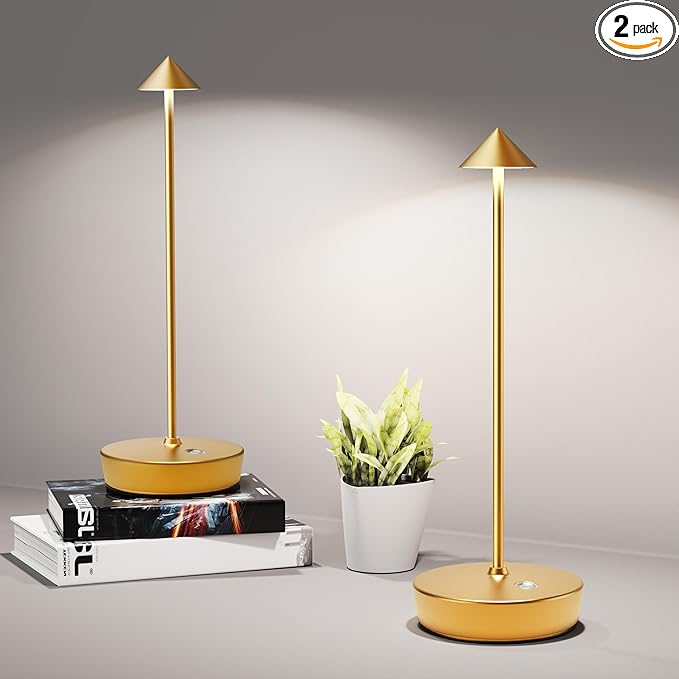 Cordless Table Lamps Rechargeable, 6000mAh Battery Operated LED Desk Lamp Outdoor Waterproof Portable Touch Dimmable Table Night Light for Patio Restaurant Dining Home Set of 2 Gold - LeafyLoom