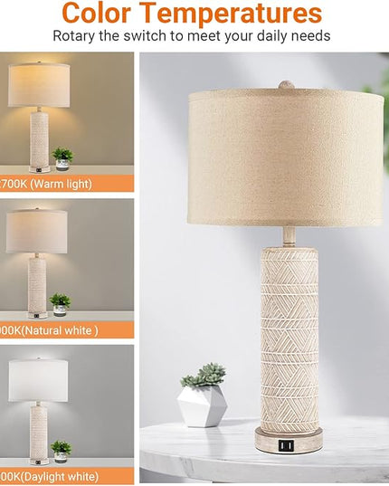 Set of 2 Contemporary Table Lamp, Ceramic Bedside Lamps with 3 Color Temperature, 27.5'' Nightstand Lamp Sets with USB Ports Linen Fabric Shade End Table Lamps for Living Room Bedroom, Bulb Included - LeafyLoom